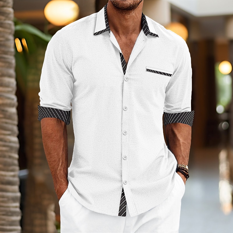 Men's Shirt Summer Shirt Dress Shirt Button Up Shirt Casual Shirt White Wine Long Sleeve Color Block Stripes Lapel Daily Vacation Front Pocket Clothing Apparel Cotton Cotton Blend Fashion Casual2