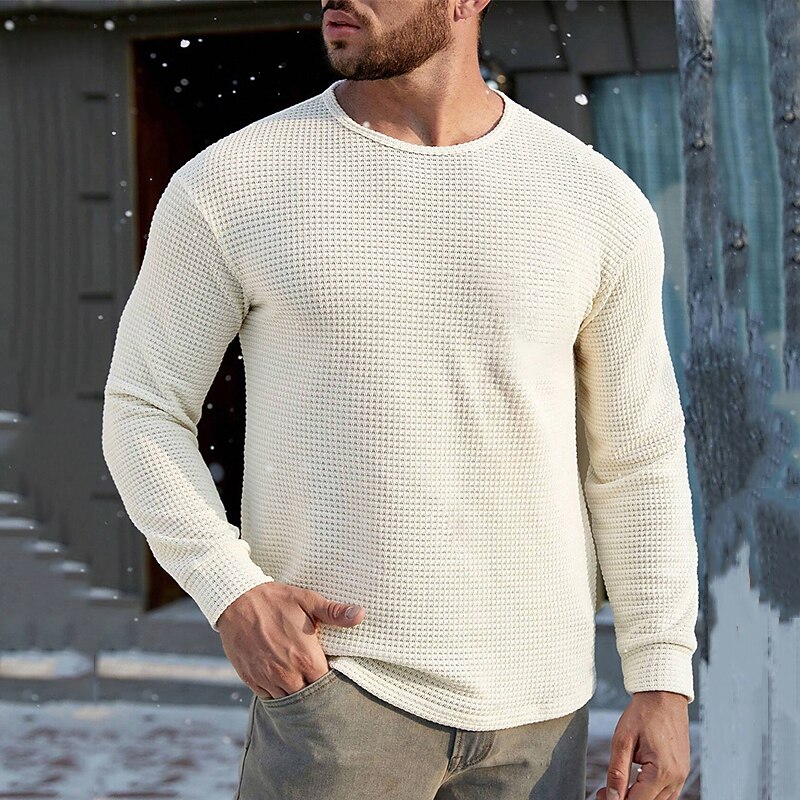 Men's Waffle Tee T Shirt Waffle Knit Tee Tee Top Long Sleeve Crew Neck Spring &  Fall Plain Fashion Designer Basic Front Pocket Vacation Street Going out White Khaki Top Tee for Men2