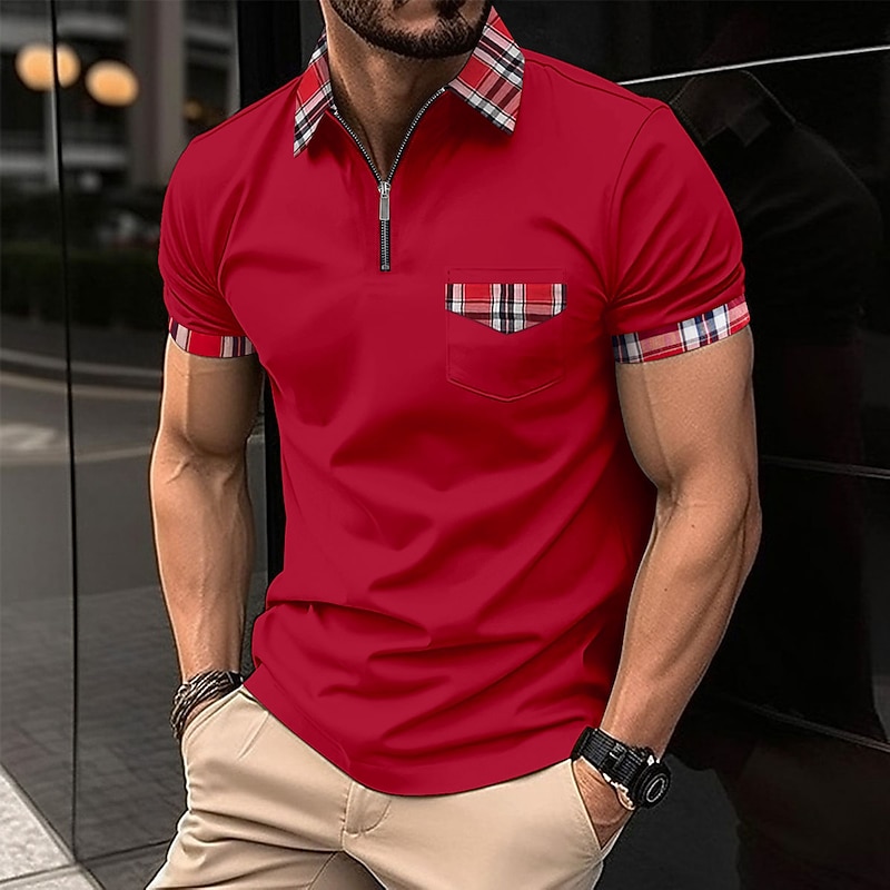 Male Polo Shirt Knit Polo Casual Date Lapel Short Sleeves Fashion Plaid / Striped / Chevron / Round Solid / Plain Color Knitting Summer Dry-Fit Black White Pink Wine Dark Navy Sky Blue Polo Shirt3