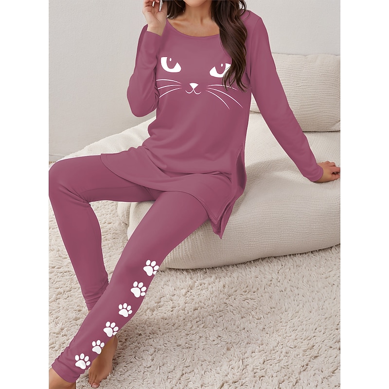 Women's Pajama Set Loungewear Round Neck Long Sleeve Casual Tee Pants Sets Print Outdoor Sports Daily Black Spring & Fall Home Outfits3