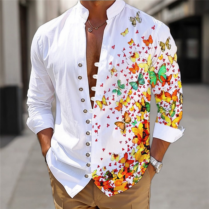 Men's Butterfly Shirt Linen Shirt Long Sleeve Casual Daily Wear Going out Weekend Spring Standing Collar Print Button-Down Blue Purple Orange