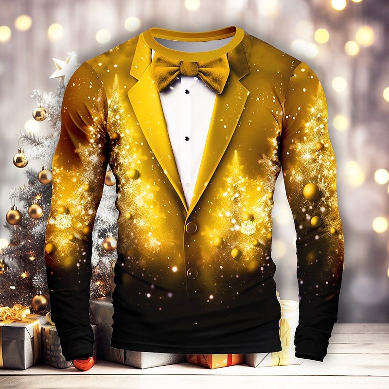 Christmas Men's Snowflake Christmas Costume T Shirt Long Sleeve T shirt 3D Print Crew Neck Shirt Merry and Bright Party Casual Holiday Yellow Red Purple Spring &  Fall Clothing Apparel Normal S M L2