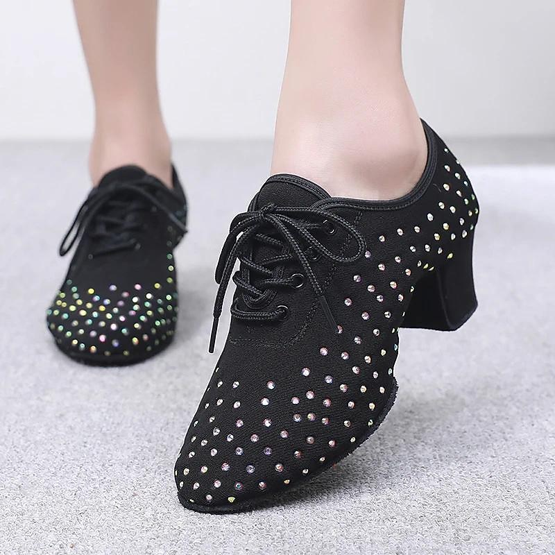 Women's Black Rhinestone Dance Shoes - Sparkling Suede Lace-Up Latin Ballroom Shoes with Comfortable Heel and Non-Slip Sole - Main Image