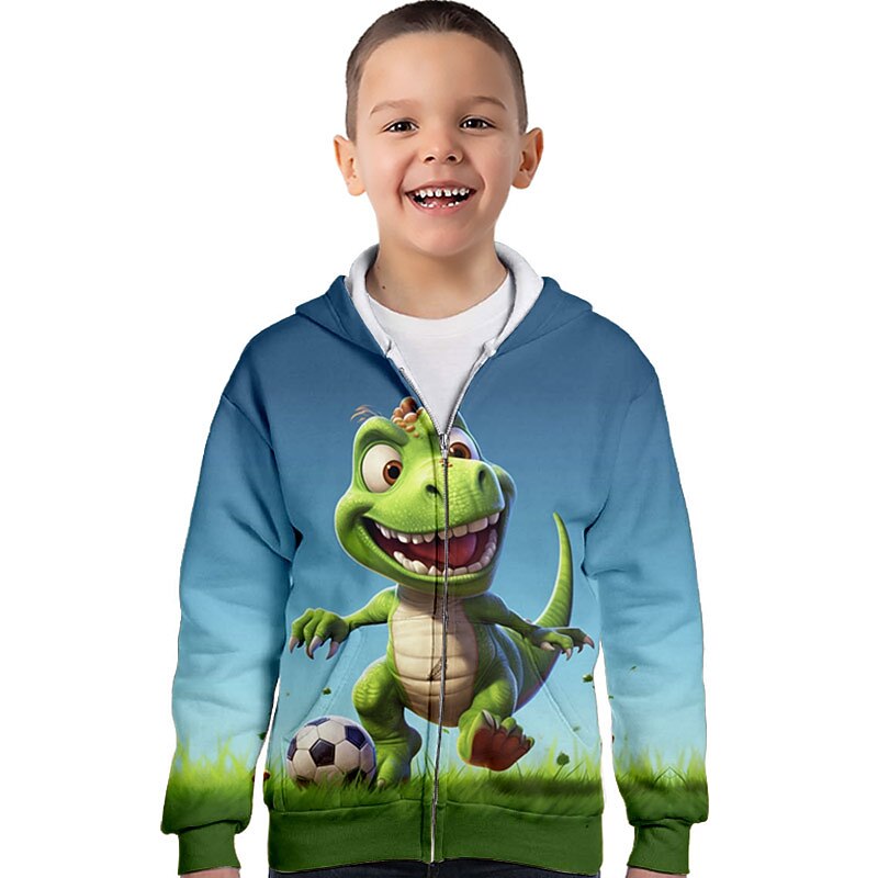 Boys 3D Cartoon Dinosaur Football Hoodie Coat Outerwear Long Sleeve Fall Winter Active Streetwear Cool Polyester Kids 3-12 Years Zip Street Daily Regular Fit3