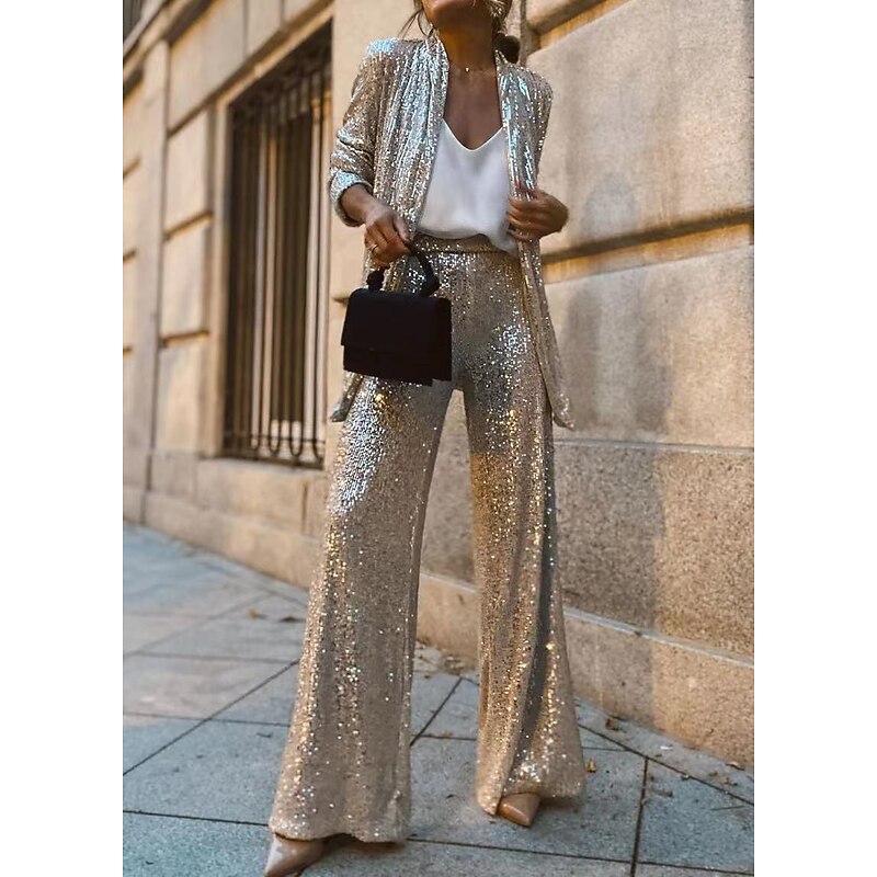 Women's Straight Fashion Trousers Full Length Natural Sequins Wide Leg Micro-elastic Party Work Silver Black 1# All Seasons Loose Fit