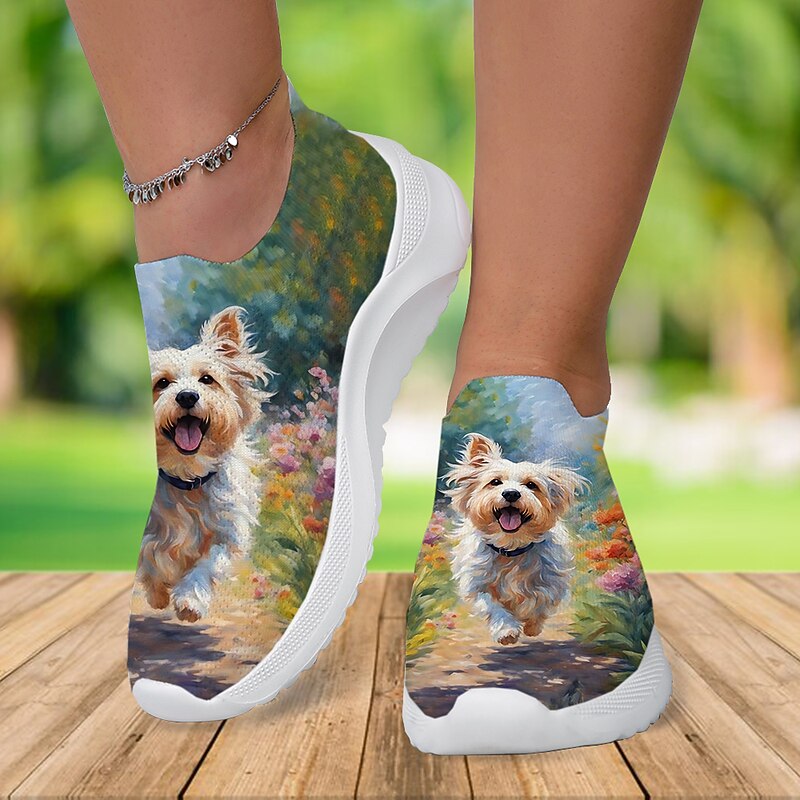 Women's Sneakers Slip-Ons Print Shoes Animal Print Plus Size Outdoor Daily Dog 3D Flat Heel Fashion Casual Tissage Volant Green4