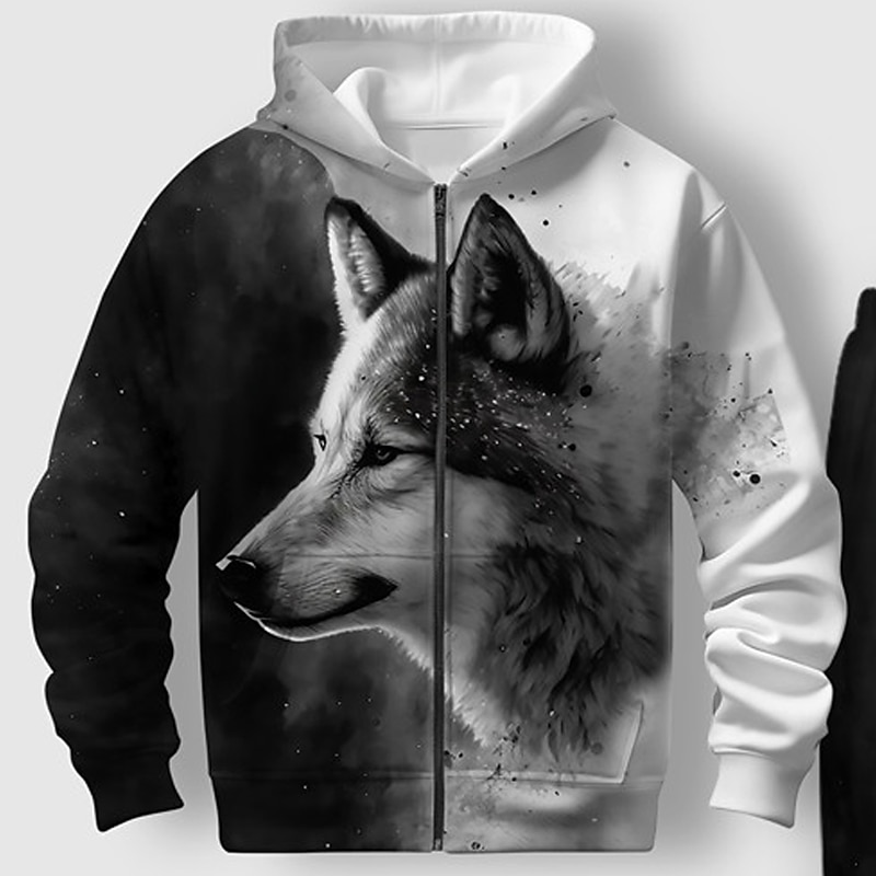 Boys 3D Wolf Hoodie & Sweatpants Set Long Sleeve 3D Printing Spring Fall Active Fashion Cool Kids 3-12 Years Zip Hooded Outdoor Vacation Street Regular Fit4