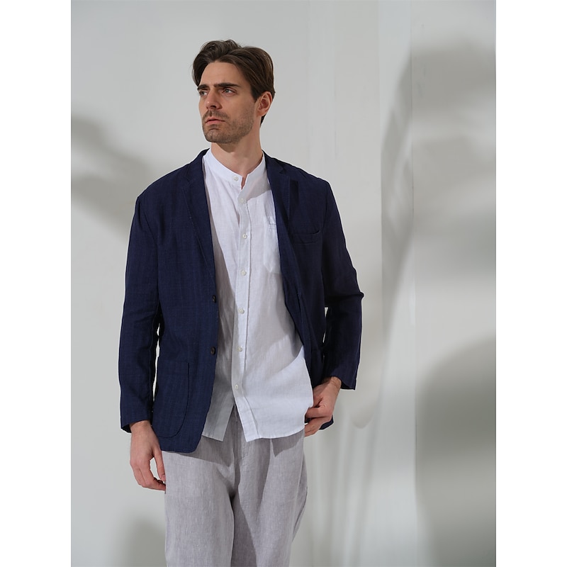 100% Linen Men's Linen Blazer Blazer Business Formal Evening Wedding Party Fashion Casual Spring &  Fall Plain Pocket Casual / Daily Single Breasted Blazer Black Dark Blue