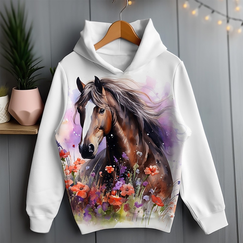 Girls' 3D Floral Horse Hoodie Pullover Long Sleeve 3D Print Spring Fall Active Fashion Cute Kids 3-12 Years Hooded Outdoor Casual Daily Regular Fit3