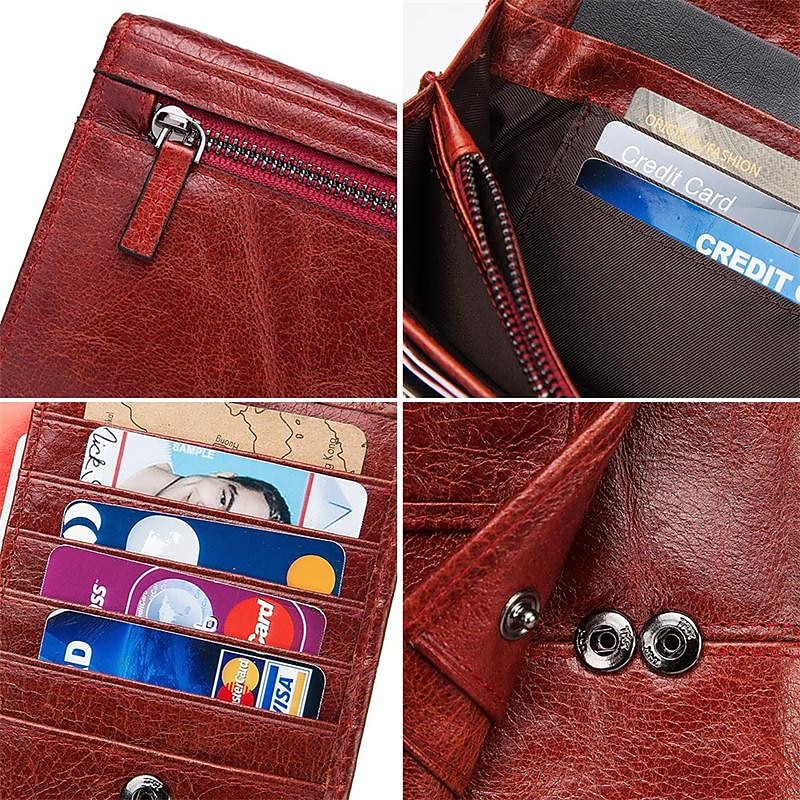 Women's Vintage Red Leather RFID-Blocking Wallet - Multi-Compartment Clutch with Card Slots, Coin Pocket, and ID Window for Everyday and Travel Use2