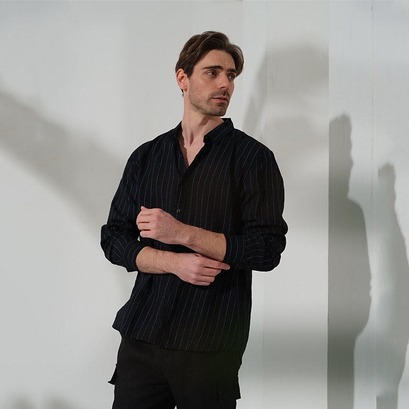 100% Linen Men's Shirt Linen Shirt Button Up Shirt Black Navy Blue Long Sleeve Stripes Lapel Spring &  Fall Outdoor Daily Clothing Apparel3