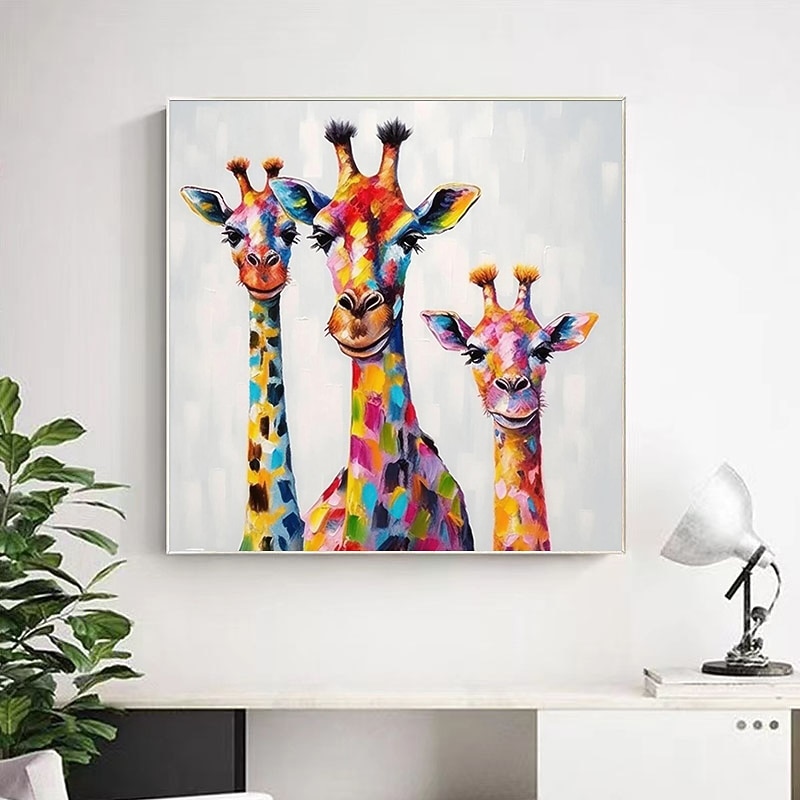 Colorful Giraffe Family Painting On Canvas Handpainted Large Animal Wall Art For Home Decor Animal Artwork Fancy Giraffe Wall Decor Stretched Frame Ready to Hang4