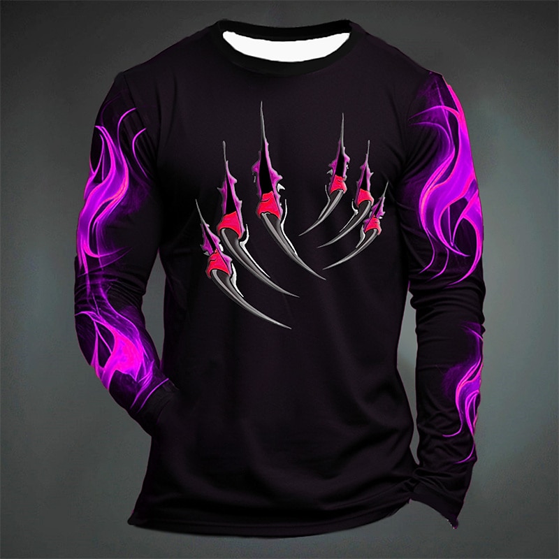 Men's Graphic Hellfire Flames Flame Paw T Shirt Long Sleeve T shirt 3D Print Crew Neck Shirt Fashion Designer Casual Sports Outdoor Holiday Going out Black Yellow Dark Green Spring &  Fall Clothing2