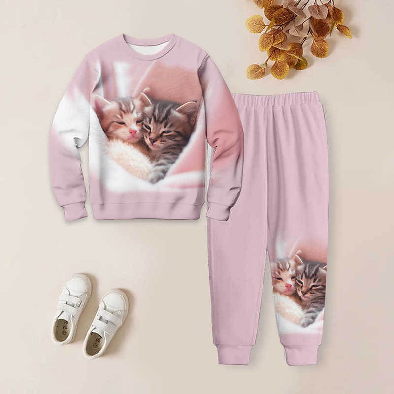 Girls' 3D Cat Sweatshirt & Sweatpants Set Pink Long Sleeve 3D Printing Spring Fall Active Fashion Cute Kids 3-12 Years Crew Neck Outdoor Vacation Street Regular Fit3