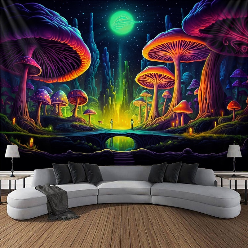 Blacklight Tapestry UV Reactive Glow in the Dark Glow Party Neon Mushroom Nature Landscape Psychedelic Trippy Misty Hanging Tapestry Wall Art Mural for Living Room Bedroom2