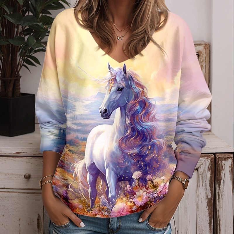 Women's Tunic T Shirt Animal Cat Fashion Funny Long Sleeve V Neck Regular Tops Daily Weekend Print Yellow Blue Purple Green Light Blue Spring &  Fall4