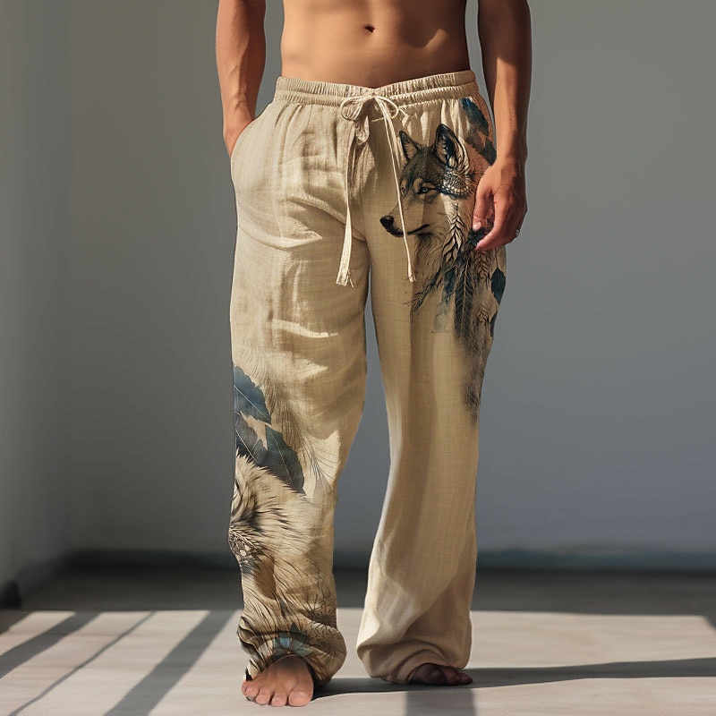 Men's Animal Wolf Linen Pants Pants Trousers Baggy Pants Mid Waist Vintage Outdoor Daily Wear Streetwear Fall & Winter Green Khaki Gray2