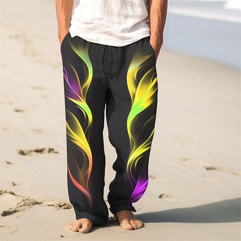 Men's Flame Linen Pants Pants Trousers Baggy Pants Mid Waist Vintage Outdoor Daily Wear Streetwear Fall & Winter Yellow Red Blue4