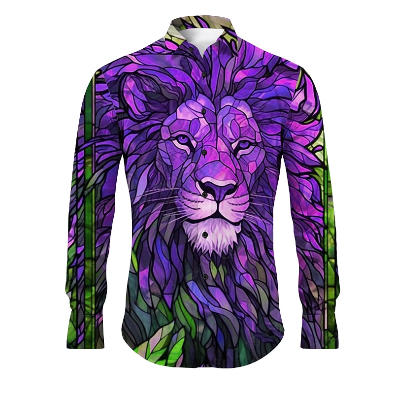 Men's Lion Shirt Button Up Shirt Long Sleeve Abstract Daily Wear Going out Spring & Summer Turndown Print Button-Down Yellow Red Blue Purple Green4