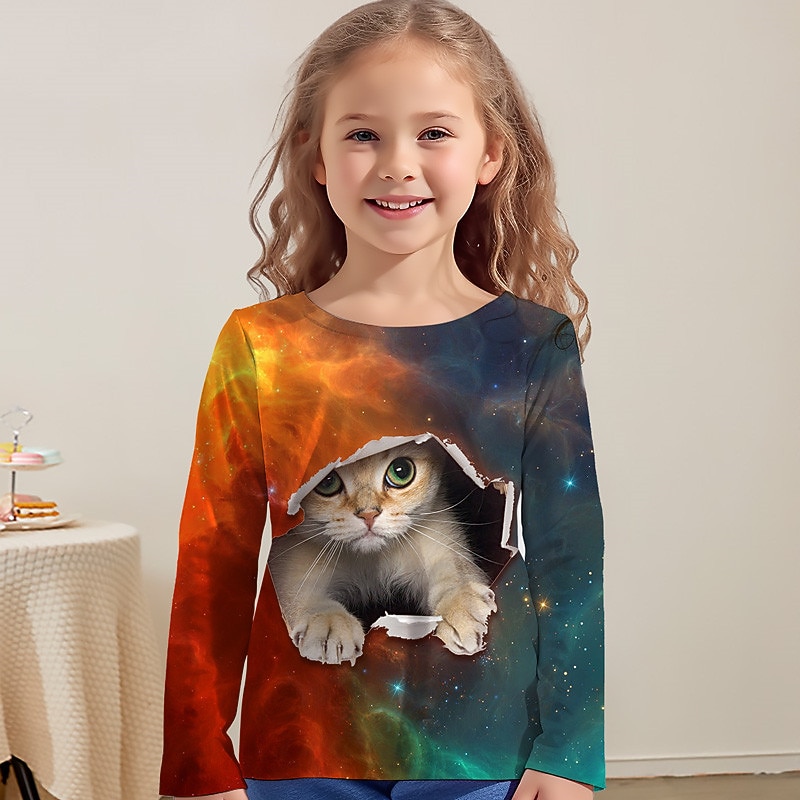 Girls' 3D Cat Tee Shirt Long Sleeve 3D Print Spring Fall Active Fashion Cute Polyester Kids 3-12 Years Crew Neck Outdoor Casual Daily Regular Fit2