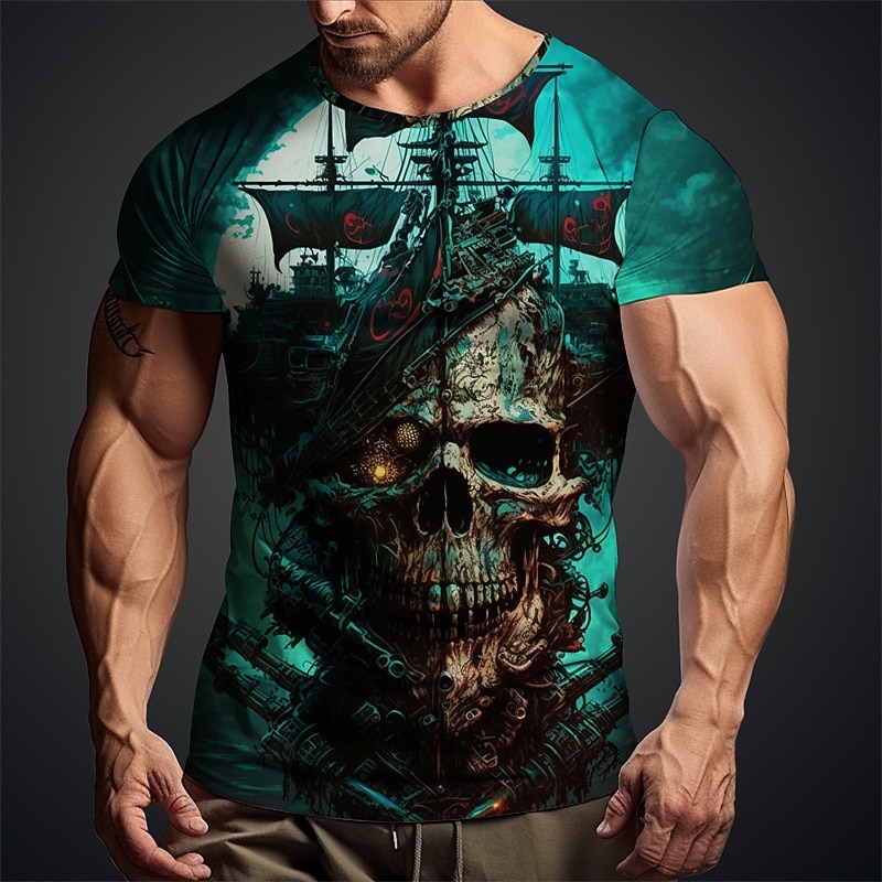 Men's Graphic Haunted Pirate Ship Skulls T Shirt Short Sleeve T shirt 3D Print Crew Neck Shirt Daily Designer Retro Vintage Sports Outdoor Holiday Going out Blue Sky Blue Red Spring & Summer Clothing