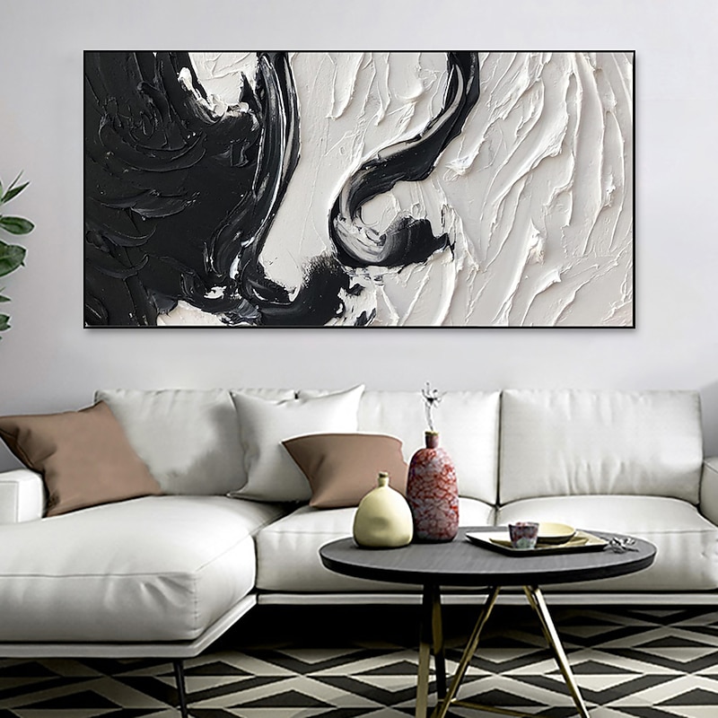 Handmade Oil Paintings Canvas Wall Art Decoration Black And White Minimalism Abstract Thick Oil Knife Drawing for Home Decor Rolled Frameless Unstretched Painting