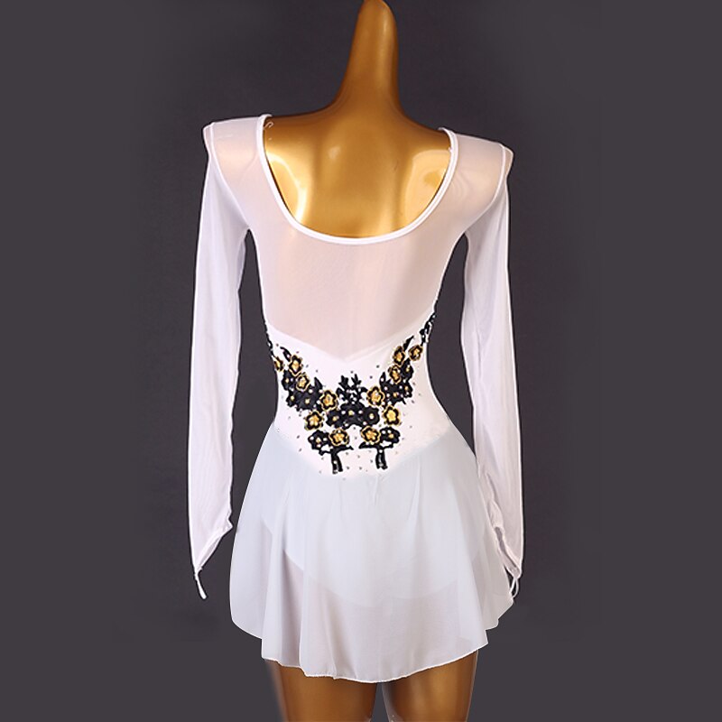 Figure Skating Dress Women's Girls' Ice Skating Dress White Patchwork Open Back Mesh High Elasticity Training Competition Skating Wear Classic Long Sleeve Ice Skating Figure Skating2