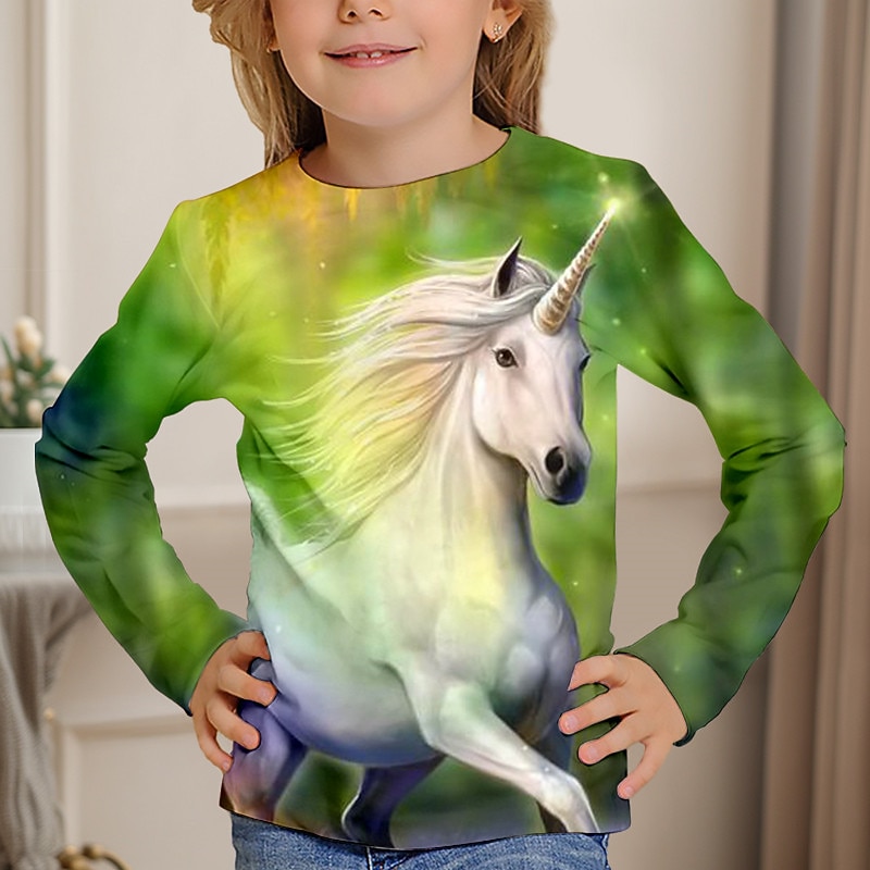 Girls' 3D Unicorn Horse Tee Shirts Long Sleeve 3D Print Spring Fall Active Fashion Cute Kids 3-12 Years Crew Neck Outdoor Casual Daily Regular Fit2