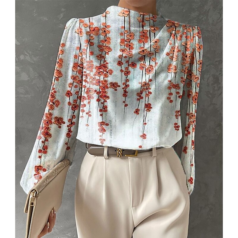 Women's Blouse Long Sleeve Fashion Floral Print Regular Tops Round Neck Work Yellow Red Blue Green Spring &  Fall4