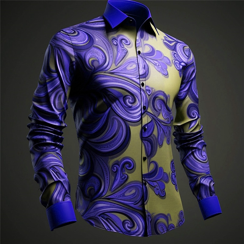 Men's Shirt Button Up Shirt Long Sleeve Artistic Daily Wear Going out Fall & Winter Turndown Print Button-Down Yellow Purple2