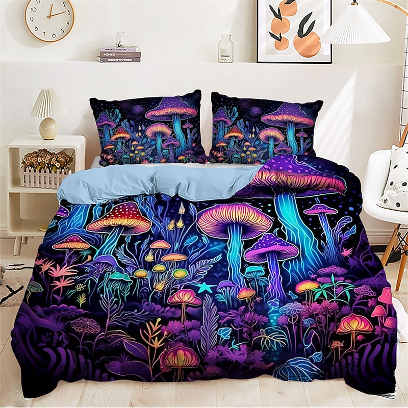 Fantasy Forest Mushrooms Pattern Duvet Cover Set Comforter Set Soft 3-Piece Luxury Cotton Bedding Set Home Decor Dusk Bedding Gift King Queen Full Size