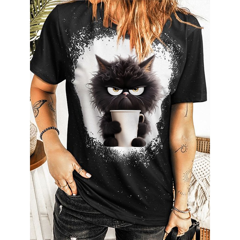 Women's T Shirt Cat Fashion Funny Short Sleeve Round Neck Regular Tops Daily Weekend Print Black Summer