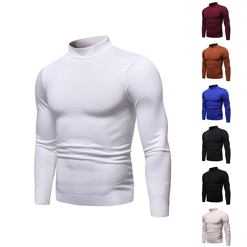 Men's Pullover Sweater Jumper Knit Sweater Ribbed Knit Regular Knitted Plain Mock Neck Basic Keep Warm Daily Wear Going out Clothing Apparel Fall Winter Wine Black M L XL