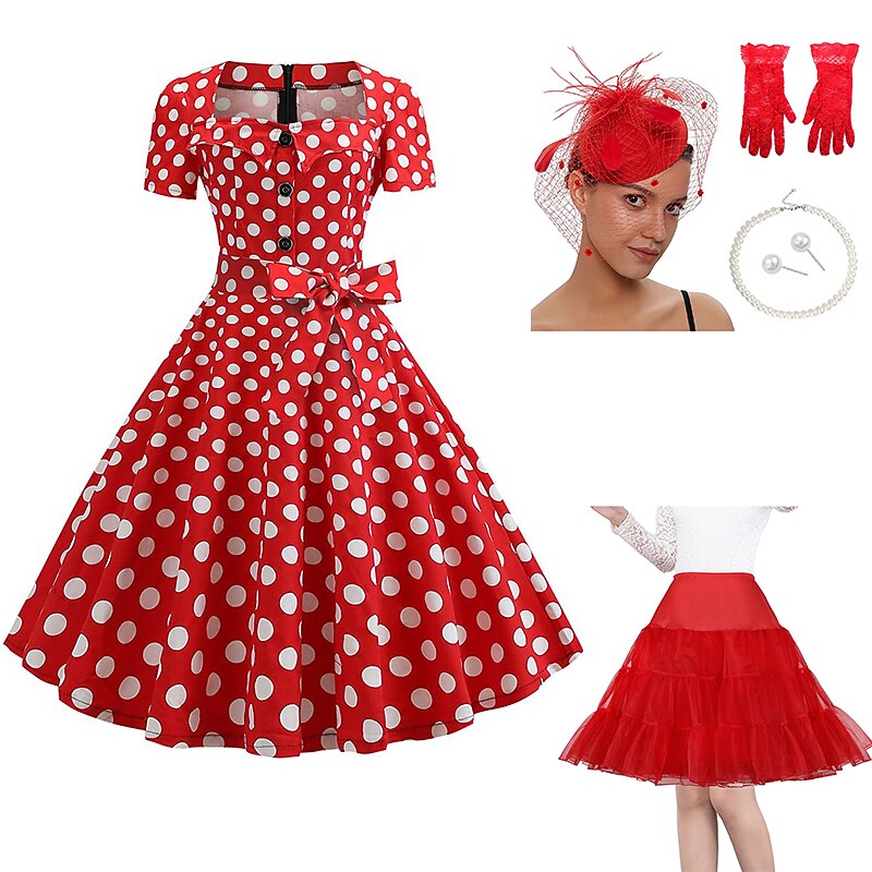 Set with A-Line Dress Petticoat Under Skirt Fascinator Hat Lace Gloves Earings Necklace Women's Polka Dots 1950s Cocktail Dress Vintage Party Costume Flare Dress Tea Party Outfits3