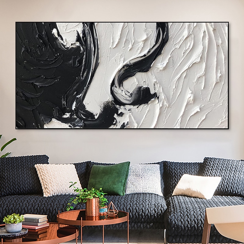 Handmade Oil Paintings Canvas Wall Art Decoration Black And White Minimalism Abstract Thick Oil Knife Drawing for Home Decor Rolled Frameless Unstretched Painting2
