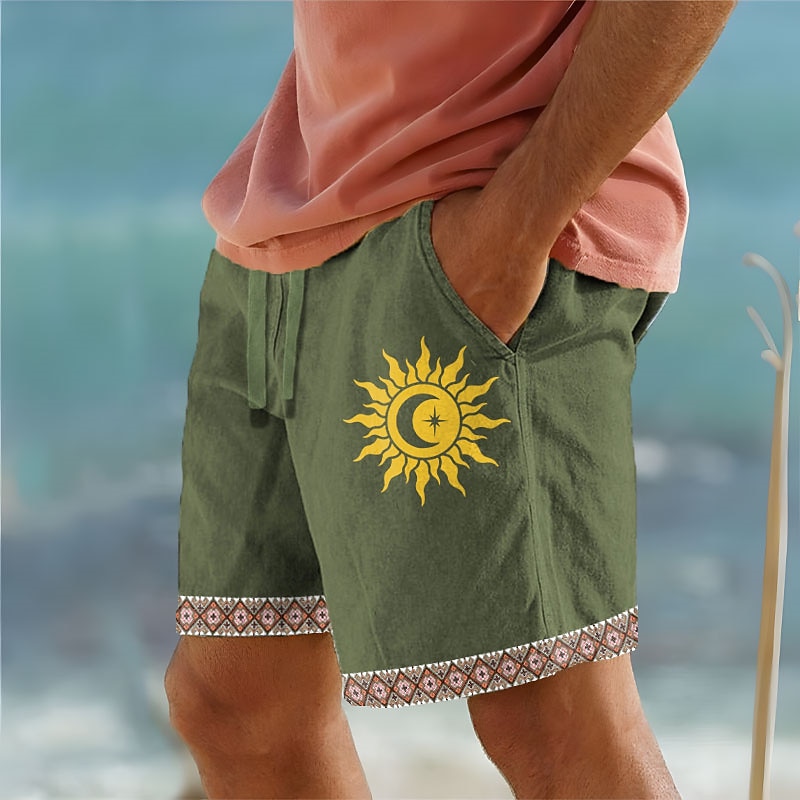 Men's Cotton Linen Shorts Summer Shorts Beach Shorts Print Drawstring Elastic Waist Sun Comfort Breathable Short Outdoor Holiday Going out Cotton Blend Hawaiian Ethnic Style White Army Green