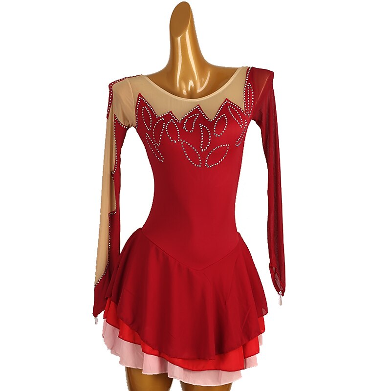 Figure Skating Dress Women's Girls' Ice Skating Dress Burgundy Patchwork Open Back Mesh High Elasticity Training Competition Skating Wear Classic Long Sleeve Ice Skating Figure Skating2