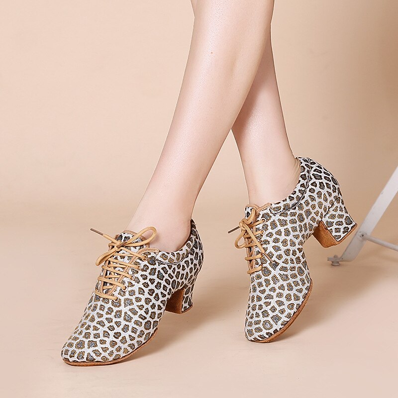 Women's Latin Shoes Practice Trainning Dance Shoes Performance Training Heel Cuban Heel Round Toe Lace-up Adults' Black Brown2