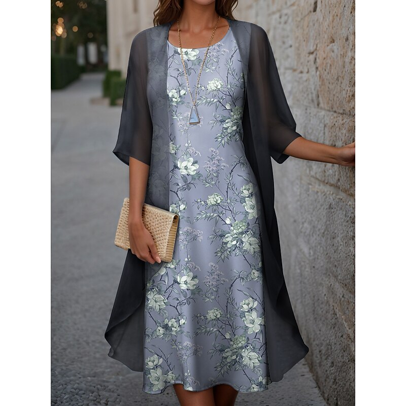 Women's Graduation Dress Midi Dress Two Piece Dress Set Casual Dress Chiffon Dress Print Dress Fashion Modern Floral Print Half Sleeve Crew Neck Outdoor Holiday Pink Blue Green Spring Loose Fit2