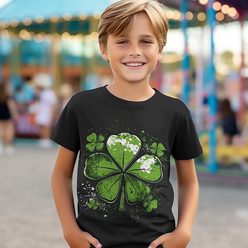 St. Patrick Boys 3D Dog Four Leaf Clover Tee Shirt Short Sleeve 3D Print Summer Active Sports Fashion Polyester Kids 3-12 Years Crew Neck Outdoor Casual Daily Regular Fit2