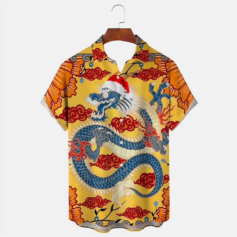 New Year Men's Dragon Shirt Button Up Shirt Short Sleeve Casual Daily Wear Going out Weekend Autumn / Fall Turndown Print Button-Down Yellow Red Burgundy