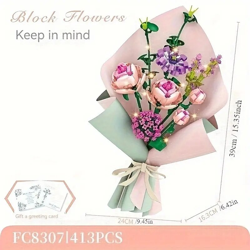 Women's Day Gifts 413pcs Building Blocks Bouquet Set Gift Wrapping Paper Birthday Gift Can Decorate Bedroom Living Room Office Vase Not Included Mother's Day Gifts for MoM2