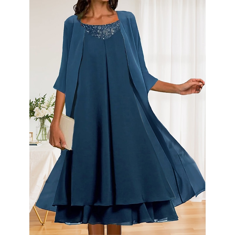 Women's Wedding Guest Cocktail Dress Chiffon Fashion Layered Casual  Elegant Two Piece Dress Set  Midi Fall Winter Dress Crew Neck 3/4 Length Sleeve Plain Navy Blue