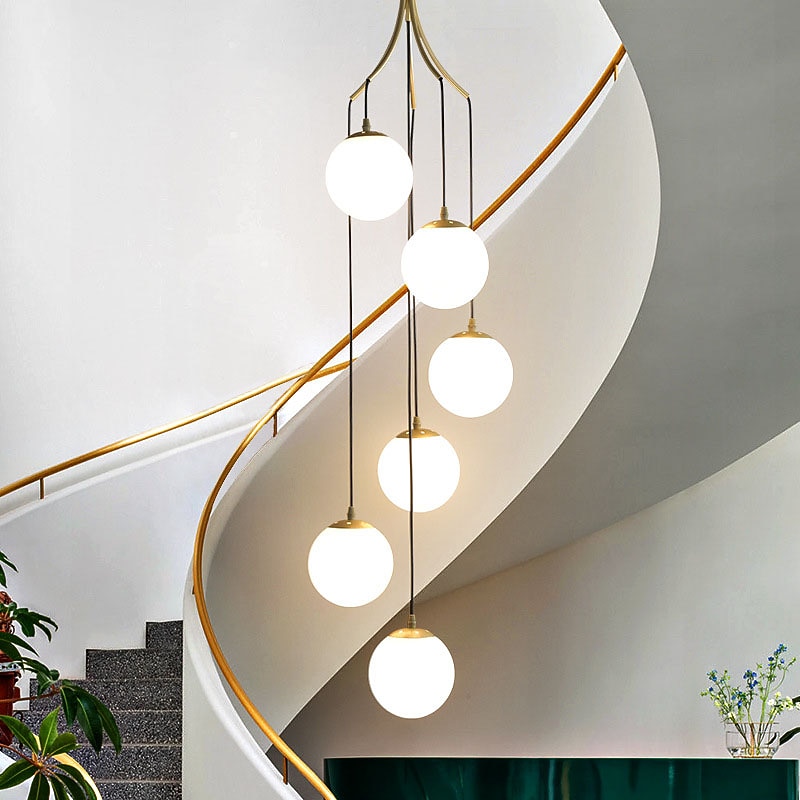 Staircase Chandelier 3/6/9 Light High Ceiling Modern LED Glass Round Nordic Art Chandelier Long Chandelier White Living Room Restaurant Hotel Corridor Entrance Stairs2