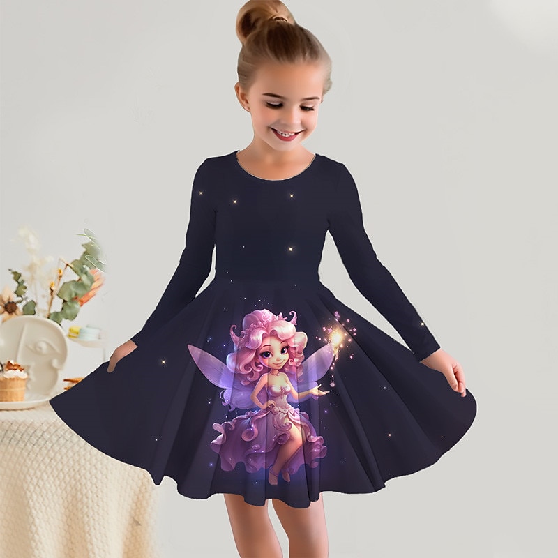 Girls' 3D Fairy Dress Long Sleeve 3D Print Spring Fall Vacation Sports & Outdoor Daily Cute Casual Beautiful Kids 3-12 Years Casual Dress A Line Dress Above Knee Regular Fit3