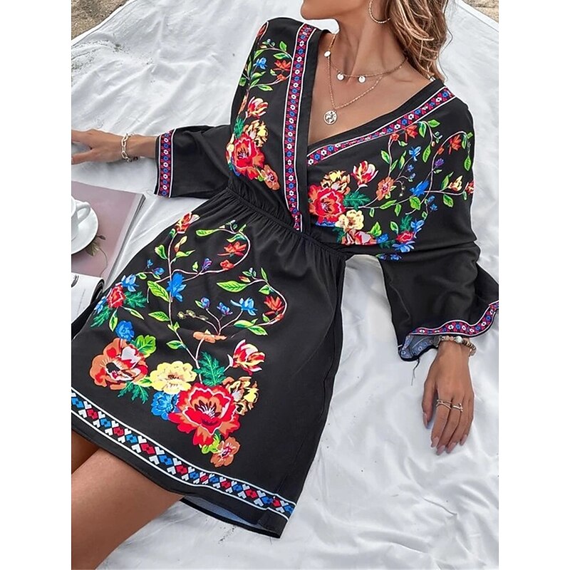 Women's Casual Dress Floral Print V Neck Mini Dress Ethnic Boho Vacation 3/4 Length Sleeve Summer Spring 16
