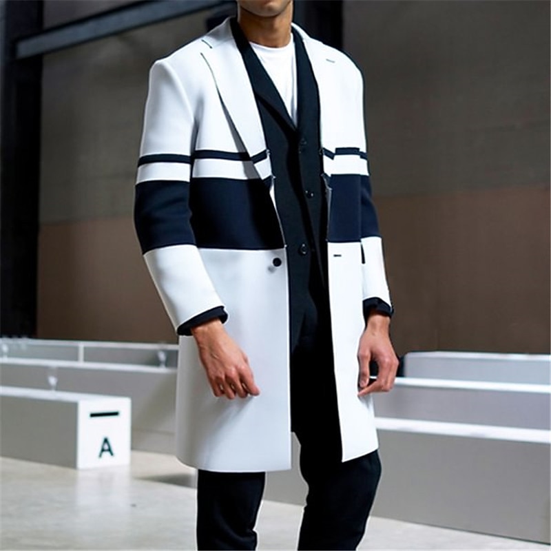 Men's Stripe Winter Coat Overcoat Coat Warm Comfortable Breathable Fashion Streetwear Business Work Wear to work Going out Pocket Print Fall & Winter Turndown Long Sleeve White Red Blue