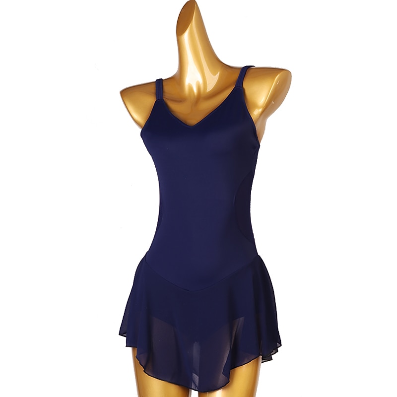 Figure Skating Dress Women's Girls' Ice Skating Dress Dark Navy Patchwork Open Back Mesh High Elasticity Training Competition Skating Wear Classic Sleeveless Ice Skating Figure Skating3
