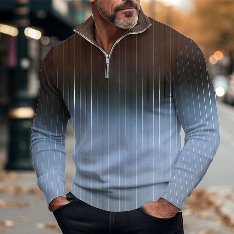 Men's Striped Color Gradient Zip Polo Golf Polos Shirts Long Sleeve Polo Shirts Zip Casual Outdoor Casual Daily Streetwear 3D Print Fall & Winter Blue Green Khaki2