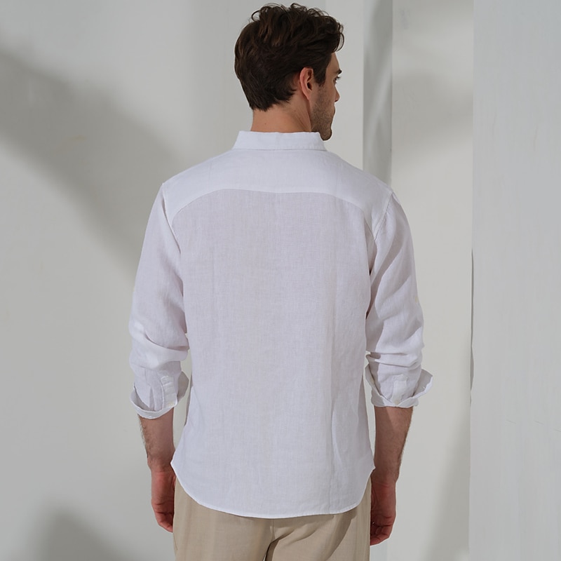 100% Linen Pocket Men's Shirt Linen Shirt Button Up Shirt Black White Green Long Sleeve Plain Lapel Spring &  Fall Outdoor Daily Clothing Apparel4